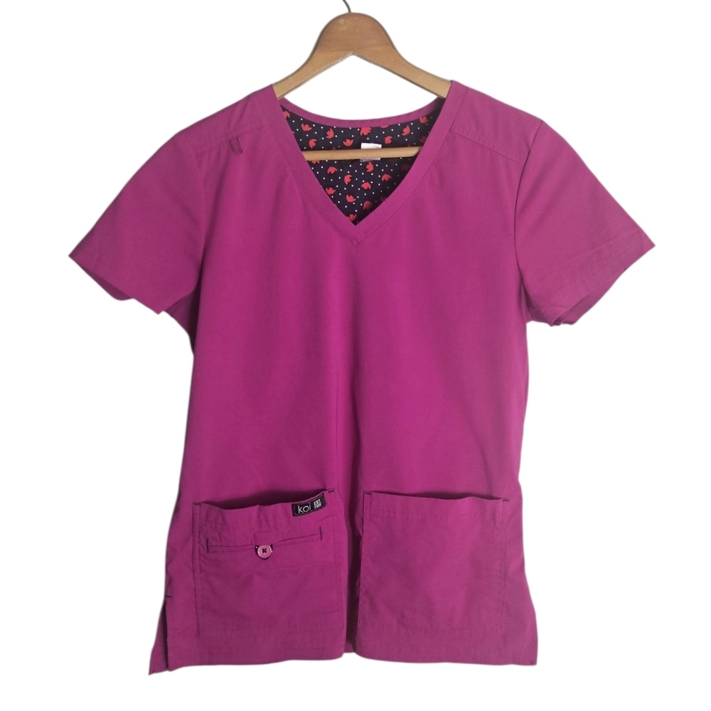 Koi Women's Fuchsia V-Neck Short Sleeve Top, XS